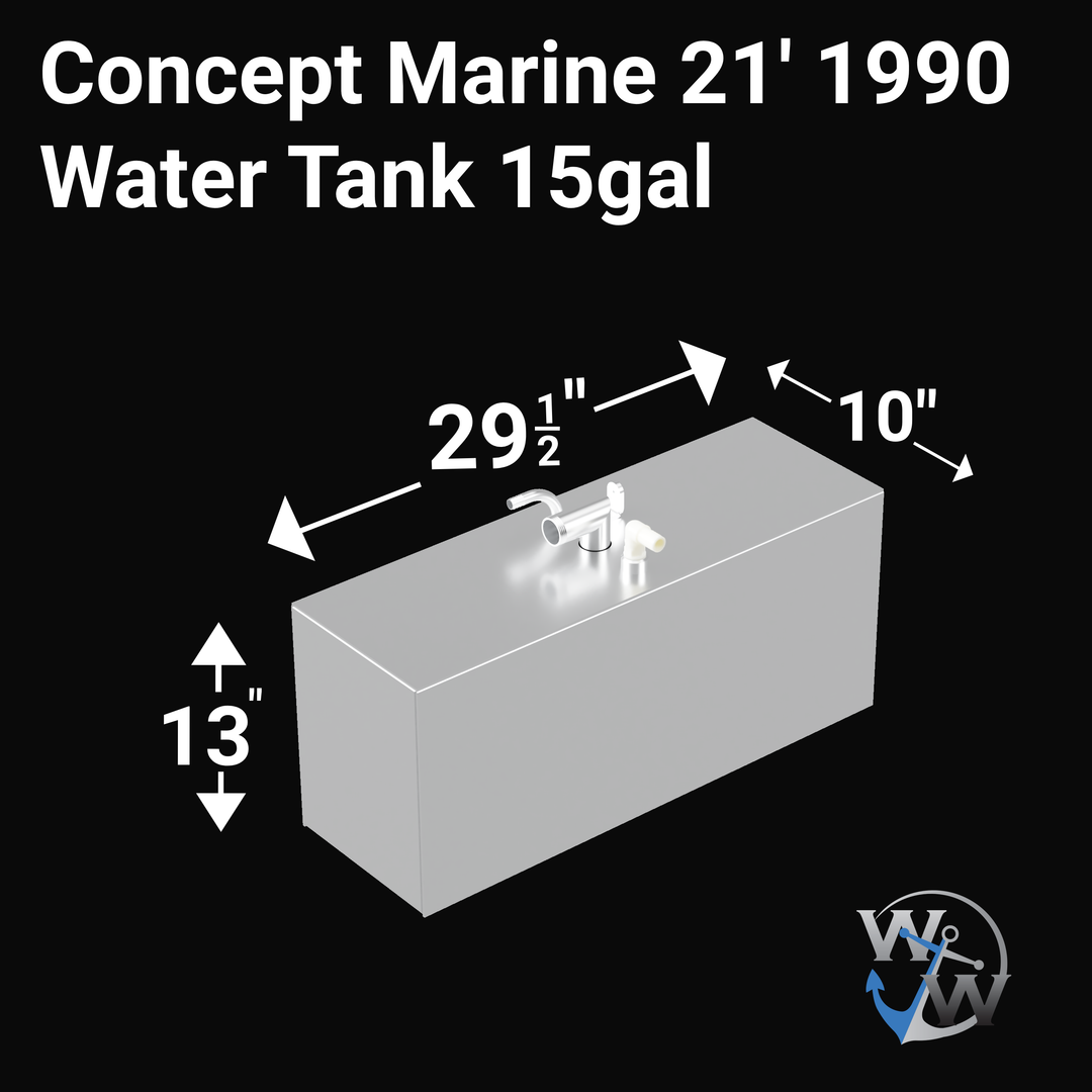 Auxiliary fuel tank with a 24-gallon capacity, designed for a Grady-White 25 Sailfish (1992 model). Typically, these are rectangular aluminum tanks with appropriate fuel fittings. (Note: The provided image shows a different item: a 'Concept Marine 21' 1990 Water Tank 15gal', which is labeled within the image with its own specifications including dimensions 29 1/2", 10", 13", and a 15-gallon capacity.)