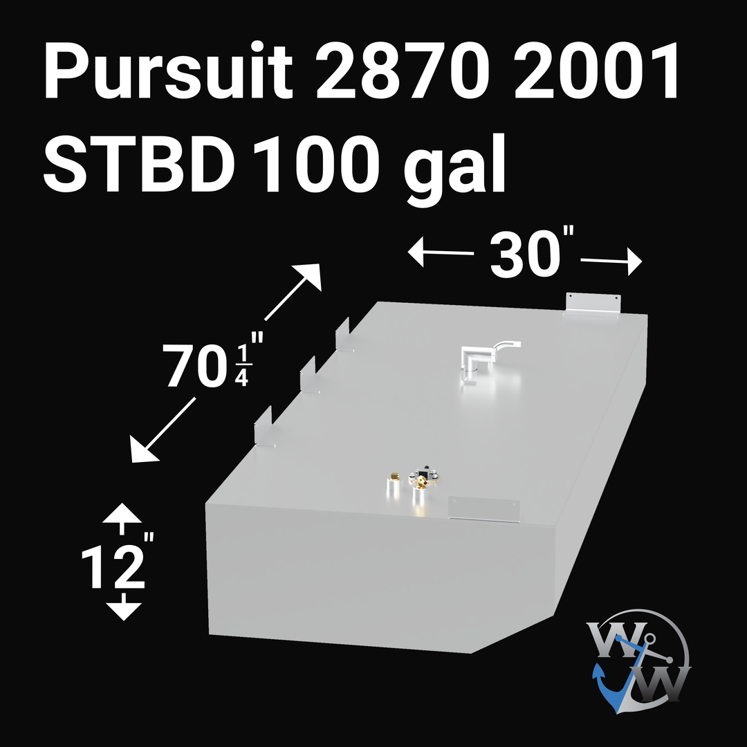 3D render of a marine fuel tank labeled "Pursuit 2870 2001 STBD 100 gal." The tank is light gray with beveled front edges, mounting brackets on the side, a fuel fill pipe with an elbow on top, and various fuel hardware fittings including sending units. Dimensions shown: 70 1/4" length, 30" width, 12" height. The image background is black, with a blue and white "W W" anchor logo in the bottom right corner