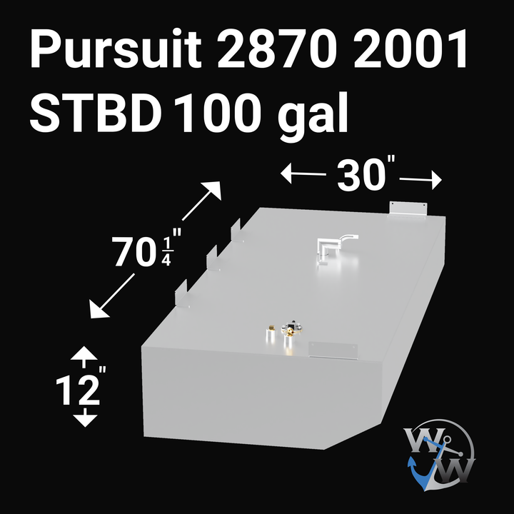 3D render of a marine fuel tank labeled "Pursuit 2870 2001 STBD 100 gal." The tank is light gray with beveled front edges, mounting brackets on the side, a fuel fill pipe with an elbow on top, and various fuel hardware fittings including sending units. Dimensions shown: 70 1/4" length, 30" width, 12" height. The image background is black, with a blue and white "W W" anchor logo in the bottom right corner