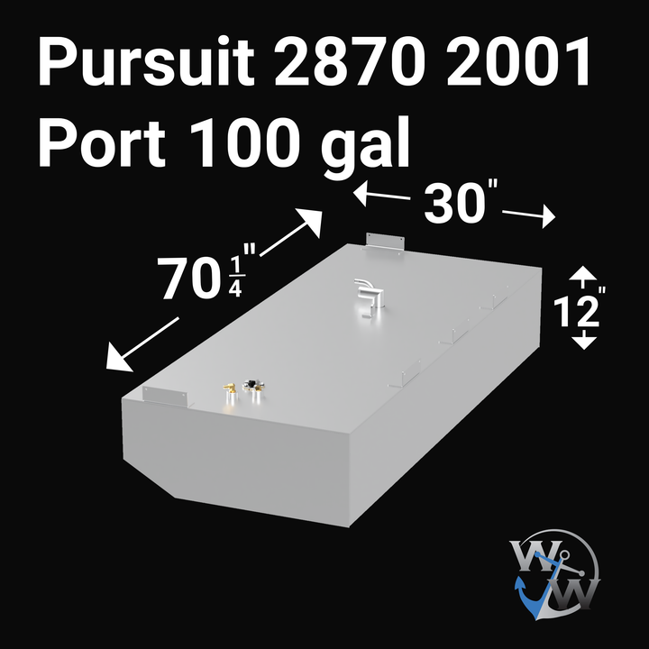 3D render of a marine fuel tank labeled "Pursuit 2870 2001 STBD 100 gal." The tank is light gray with beveled front edges, mounting brackets on the side, a fuel fill pipe with an elbow on top, and various fuel hardware fittings including sending units. Dimensions shown: 70 1/4" length, 30" width, 12" height. The image background is black, with a blue and white "W W" anchor logo in the bottom right corner