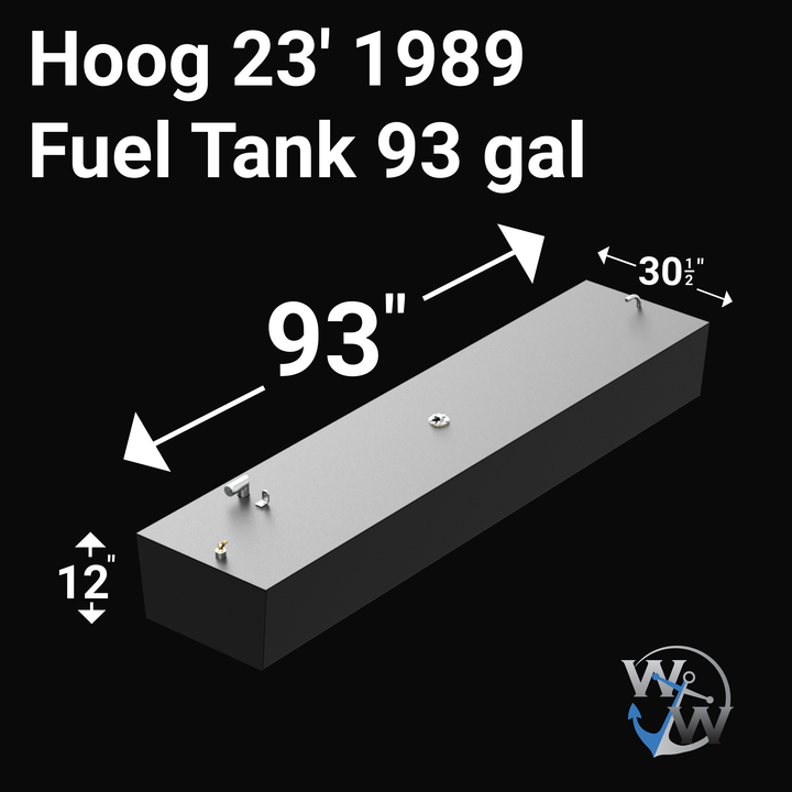3D rendering of a rectangular fuel tank for a Hoog 23' 1989 boat with a capacity of 93 gallons. The tank is 93 inches long, 30 ½ inches wide, and 12 inches high. It is matte black with a silver top and has multiple fittings, including fuel fill, vent, and sending unit on the top surface near one end