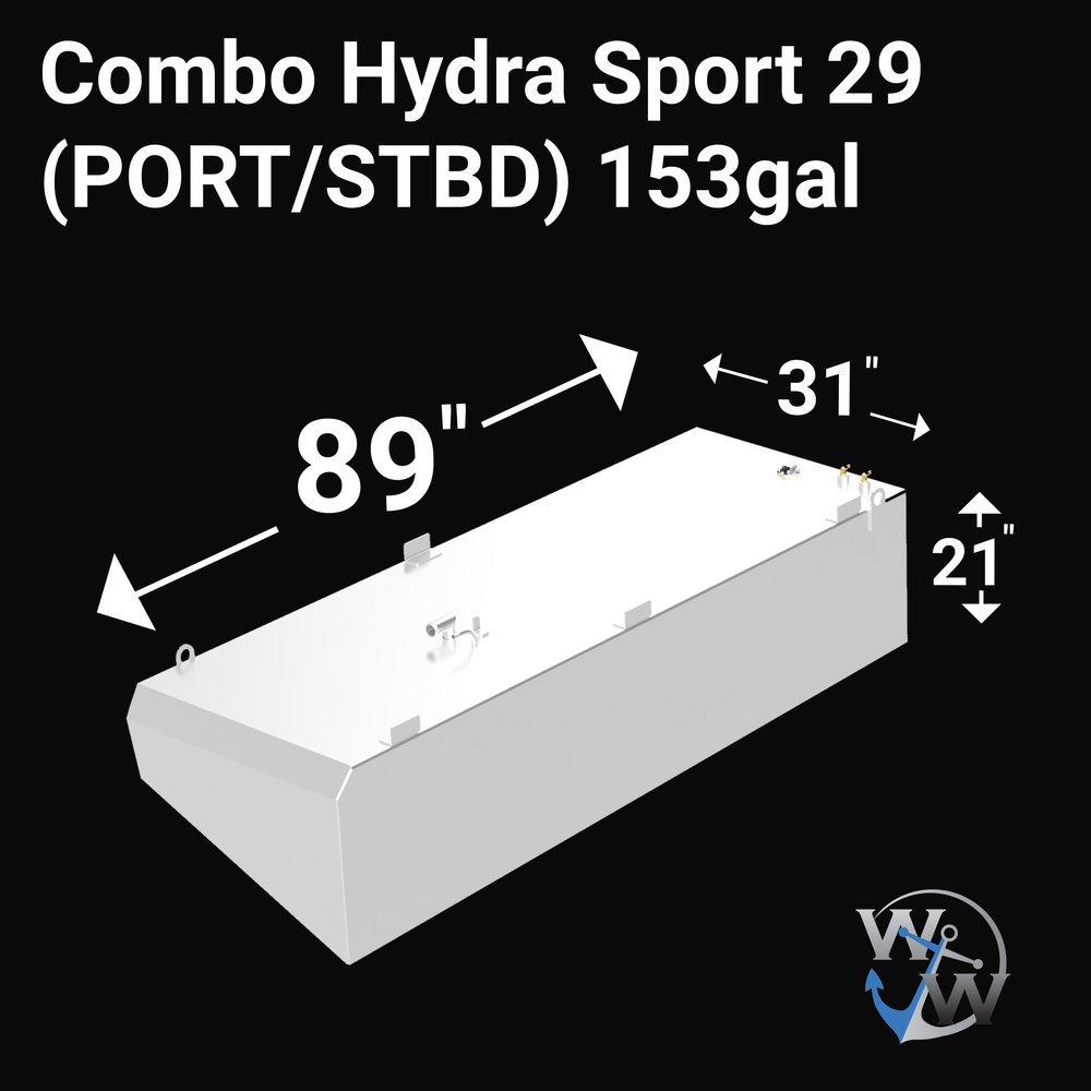 3D rendering of a single white rectangular marine fuel tank labeled “Combo Hydra Sport 29 (PORT/STBD) 153 gal.” The tank measures 89 inches long, 31 inches wide, and 21 inches high. It features multiple fittings on the top, including vents, fuel fills, sending units, and welded mounting tabs. The image is set against a black background. The VYW logo is visible in the bottom right corner.