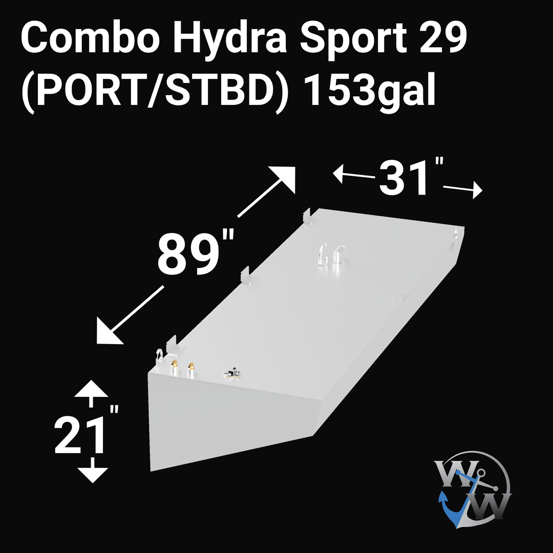 3D rendering of a white rectangular marine fuel tank labeled “Combo Hydra Sport 29 (PORT/STBD) 153 gal.” The tank’s dimensions are 89 inches long, 31 inches wide, and 21 inches high. It features welded mounting tabs and several fittings on the top surface, including vents, fuel fills, and sending units. The background is black, with the VYW logo in the lower right corner.