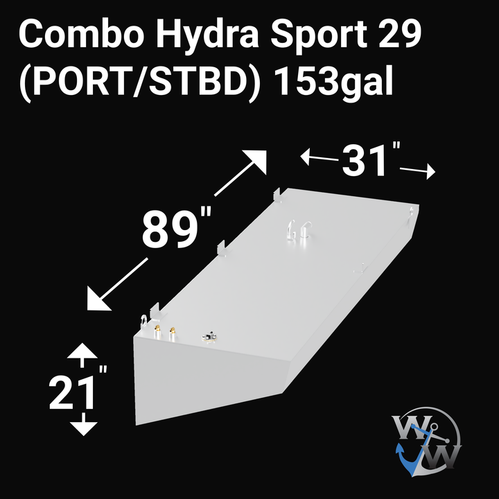 3D rendering of a white rectangular marine fuel tank labeled “Combo Hydra Sport 29 (PORT/STBD) 153 gal.” The tank’s dimensions are 89 inches long, 31 inches wide, and 21 inches high. It features welded mounting tabs and several fittings on the top surface, including vents, fuel fills, and sending units. The background is black, with the VYW logo in the lower right corner.