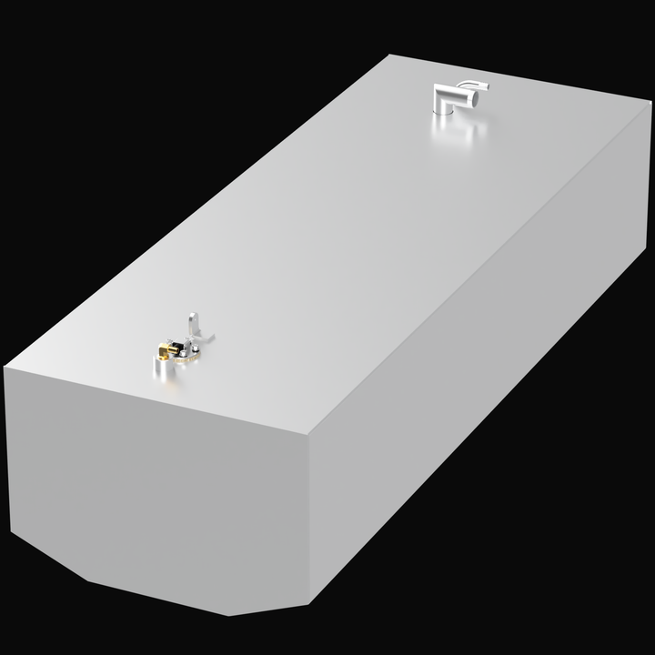 A 3D render of a Grady White 232 91-gallon OEM replacement fuel tank, showing an angled view of the long, light grey tank and its fittings against a black background.