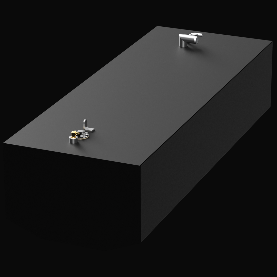 A 3D render of a long, rectangular, dark grey fuel tank shown at an angle, with silver and brass-colored fittings on top, against a black background.