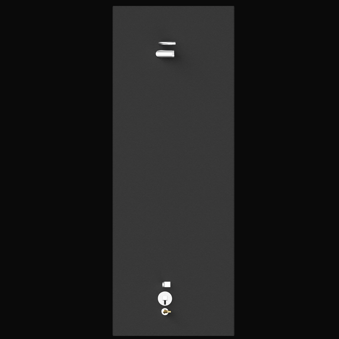 A direct top-down 3D render of a long, dark grey boat fuel tank, showing its silver and brass-colored fittings against a black background.