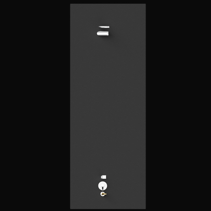 A direct top-down 3D render of a long, dark grey boat fuel tank, showing its silver and brass-colored fittings against a black background.