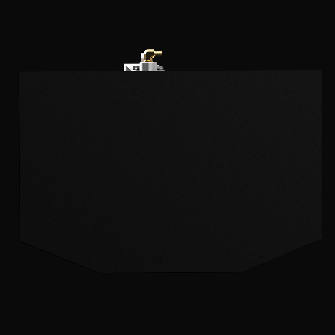 A direct top-down 3D render of a dark grey, faceted boat fuel tank, showing silver and brass-colored fittings at the back edge against a black background.