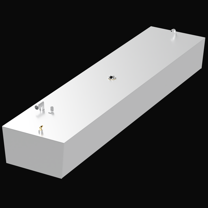 3D rendering of a white rectangular center fuel tank for a Chris Craft 33' 1986 boat. The tank has a smooth finish and features several fittings on the top surface near one end, including a fuel fill, vent, sending unit, and mounting brackets