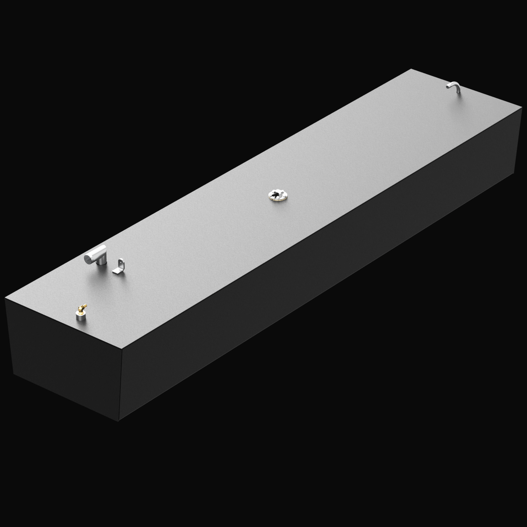 3D rendering of a set of three fuel tanks for a Hoog 23' 1989 boat, totaling 93 gallons. The tanks are finished in matte black and vary in size. Each tank features angled front edges and multiple metallic fittings for fuel fill, vent, and sending units positioned on the top surface near one edge