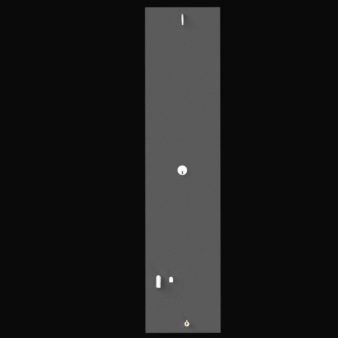 3D rendering of a long, narrow matte black fuel tank. The tank features fittings on the top surface including a vent, fuel fill, sending unit, and mounting brackets positioned near both ends.