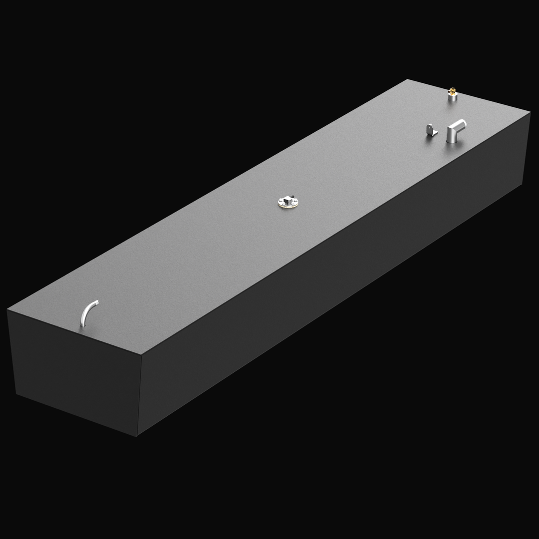 3D rendering of a long, rectangular matte black fuel tank with fittings on the top surface including a vent, fuel fill, sending unit, and mounting brackets. The tank is solid with no visible dimensions shown