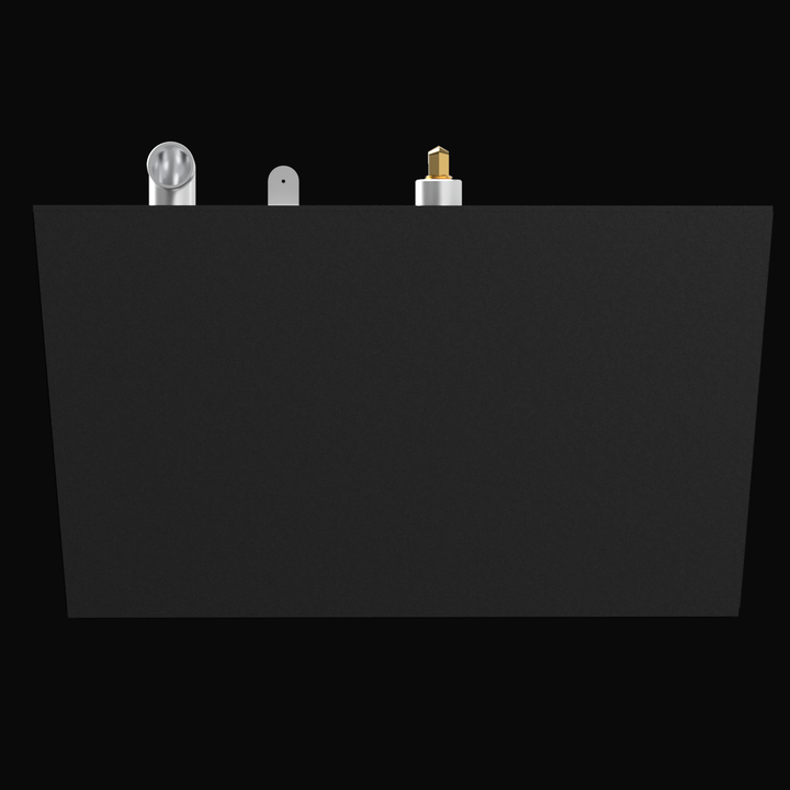 3D rendering of a matte black rectangular fuel tank viewed from the side, with three fittings on top: a vent, a mounting bracket, and a brass fuel fill cap. The tank is solid black with no visible dimensions.