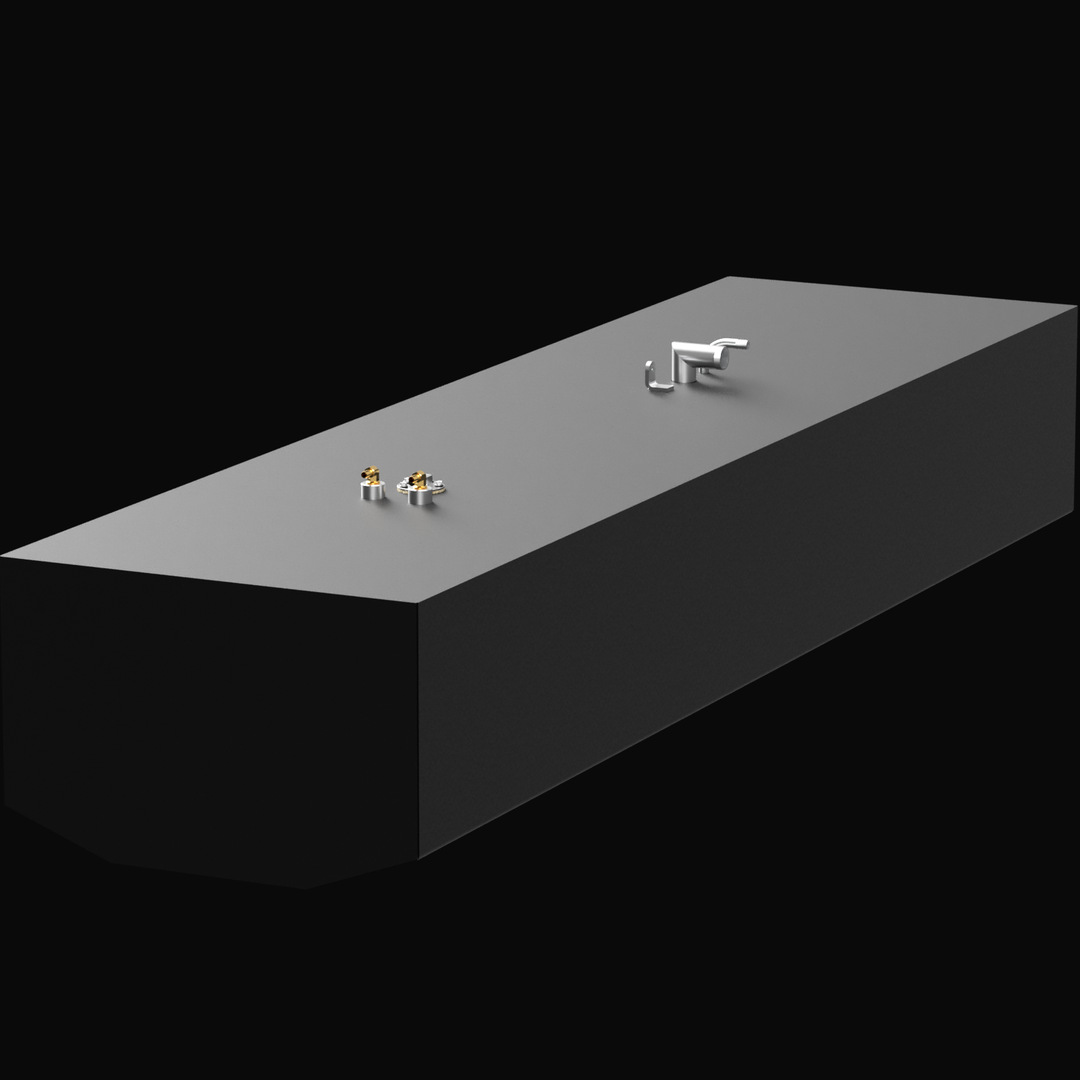 A 3D render of a long, rectangular, dark grey boat fuel tank, shown at an angle. The tank features two clusters of silver and brass fittings on its top surface, against a black background.