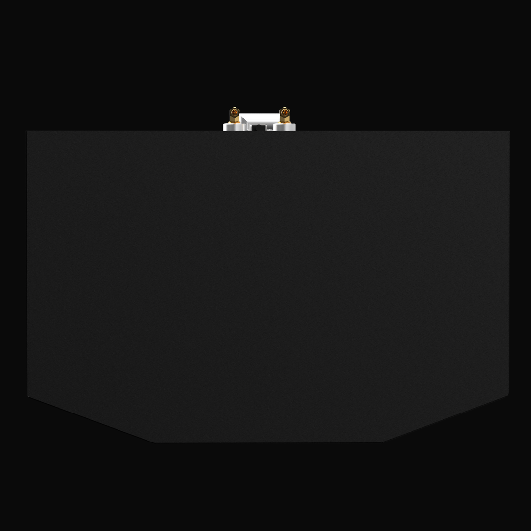 A 3D render showing the profile view of a dark grey boat fuel tank with a V-shaped or faceted bottom. A prominent cluster of brass and silver fittings is visible on the top center edge, against a black background.