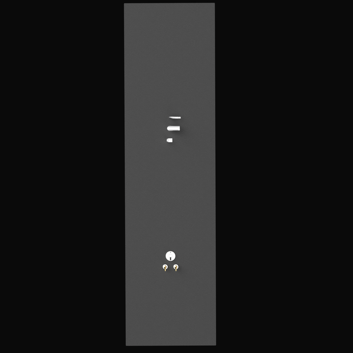 A direct top-down 3D render of a very long, rectangular, dark grey boat fuel tank, showing two clusters of fittings on its top surface: brass and silver fittings at the bottom end, and silver pipe fittings towards the top end, all against a black background.