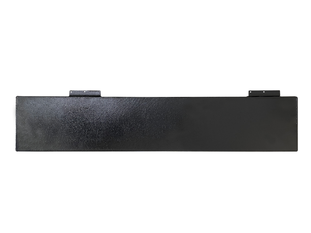 A long side profile photo of a rectangular, dark, textured boat fuel tank, showing two black mounting tabs on the top surface, against a transparent checkerboard background.