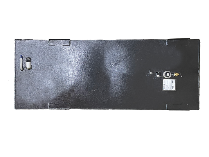 A direct top-down photo of a long, rectangular, dark, textured boat fuel tank, showing various fittings, a fuel sender, and a specification plate on its surface, along with black mounting tabs, all against a transparent checkerboard background.