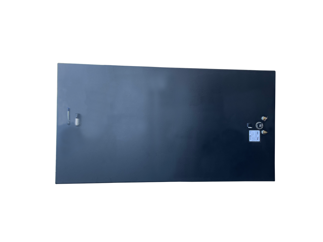 A direct top-down photo of a large, rectangular, dark grey boat fuel tank, showing two clusters of fittings and a specification plate on its surface, against a transparent checkerboard background.