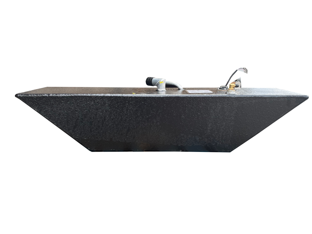 A long side profile photo of a dark, textured, wedge-shaped boat fuel tank, showing various fittings on its top surface, against a transparent checkerboard background.