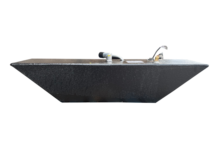 A long side profile photo of a dark, textured, wedge-shaped boat fuel tank, showing various fittings on its top surface, against a transparent checkerboard background.