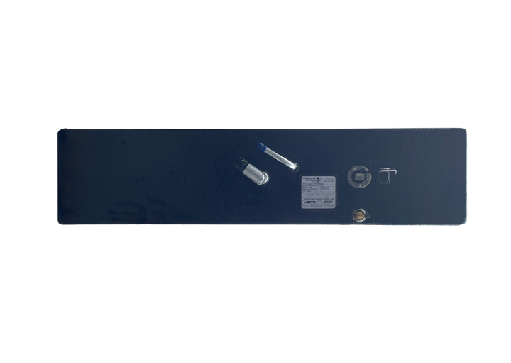 A direct top-down photo of a long, rectangular, dark blue, textured boat fuel tank, showing various fittings, a fuel sender, and a specification plate on its surface, all against a transparent checkerboard background.