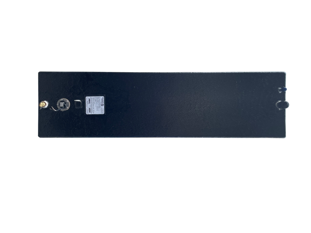 A direct top-down photo of a long, rectangular, dark blue, textured boat fuel tank, showing various fittings, a fuel sender, and a specification plate on its surface, all against a transparent checkerboard background.