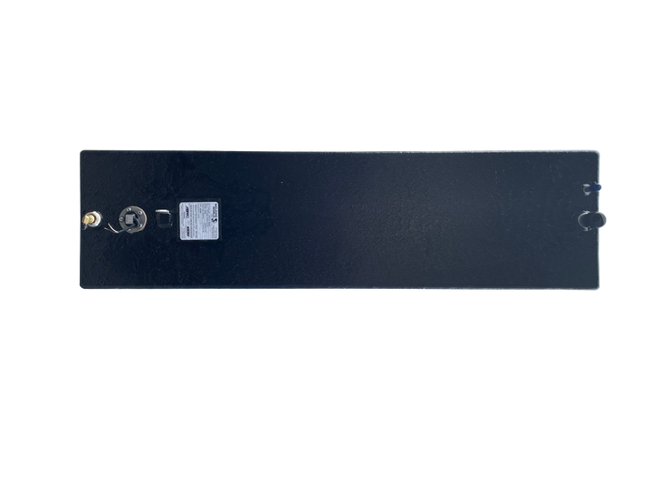 A direct top-down photo of a long, rectangular, dark blue, textured boat fuel tank, showing various fittings, a fuel sender, and a specification plate on its surface, all against a transparent checkerboard background.