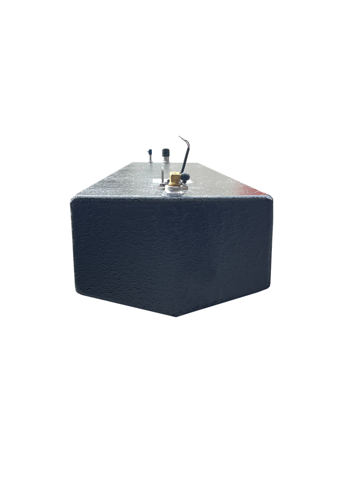 A front-angled close-up photo of a dark blue, textured boat fuel tank. Various brass and silver-colored fittings, including a fuel sending unit, are visible on the top surface, against a transparent checkerboard background.