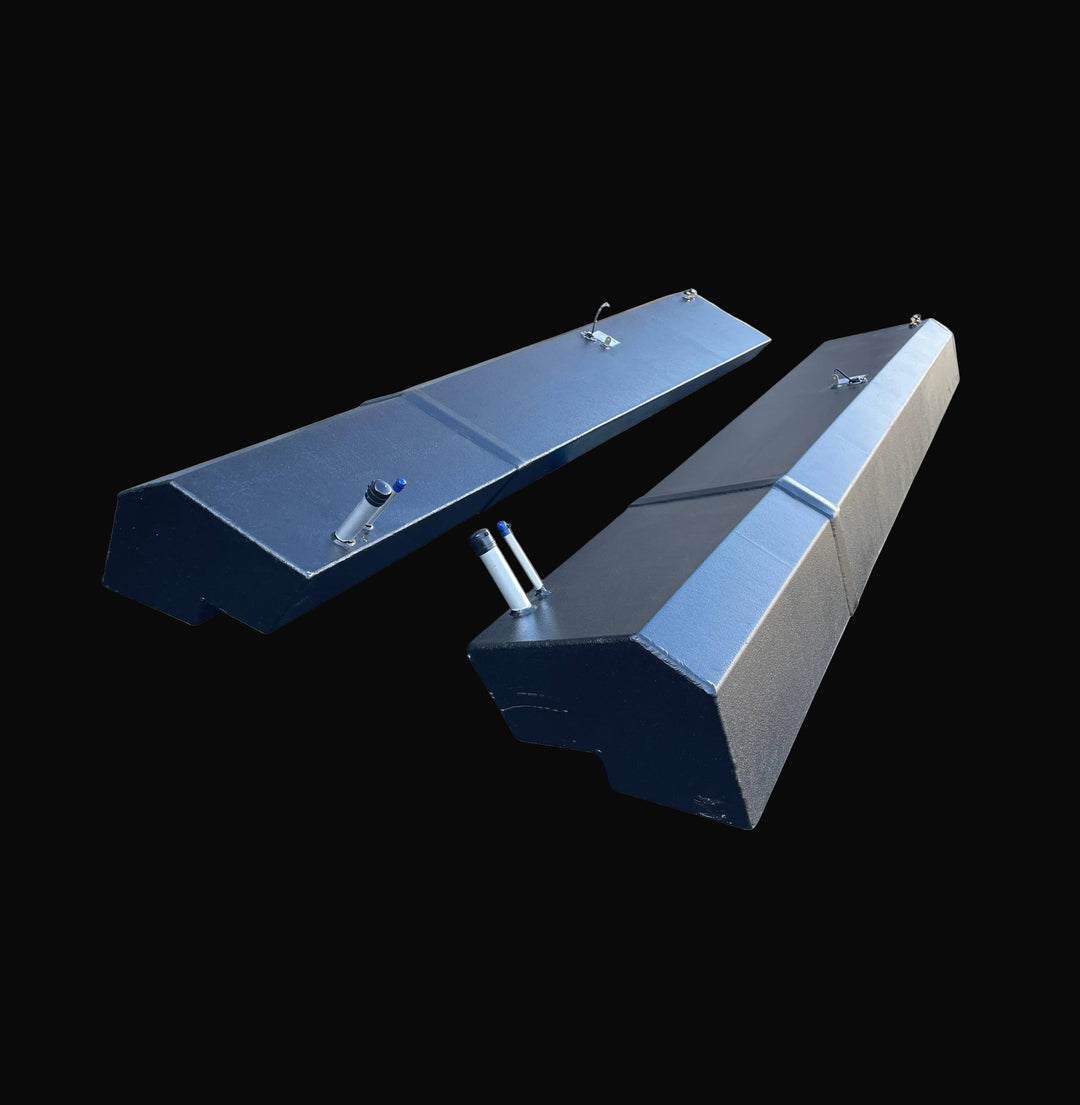 Seacraft 32 replacement fuel tank (150 gal), fabricated from marine-grade aluminum with a black protective coating, featuring an elongated rectangular design with precision fittings.