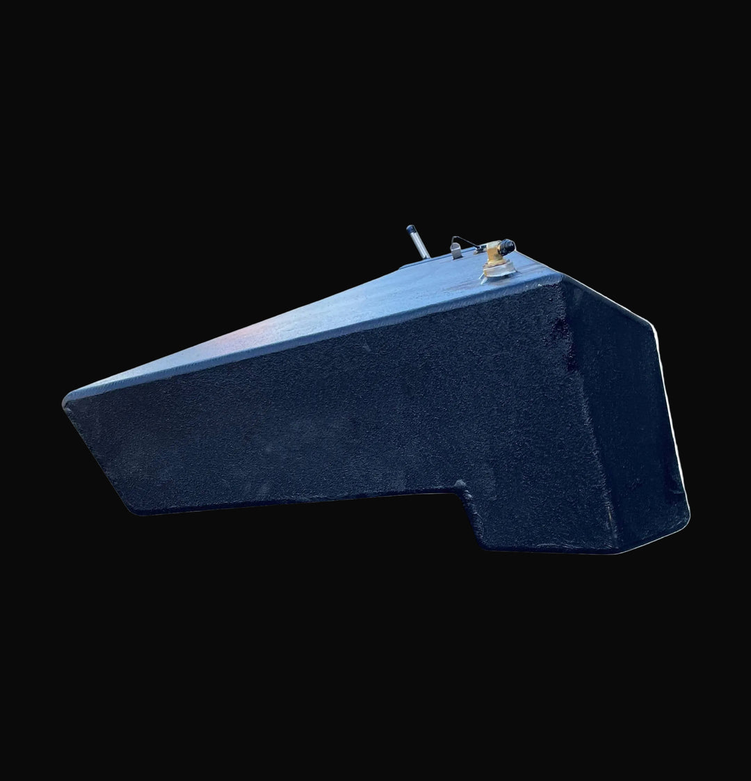 End profile view of the Seacraft 32 replacement fuel tank, showing the custom angled bottom and notched corner design engineered to match the hull's deadrise. Constructed from black-coated marine-grade aluminum.