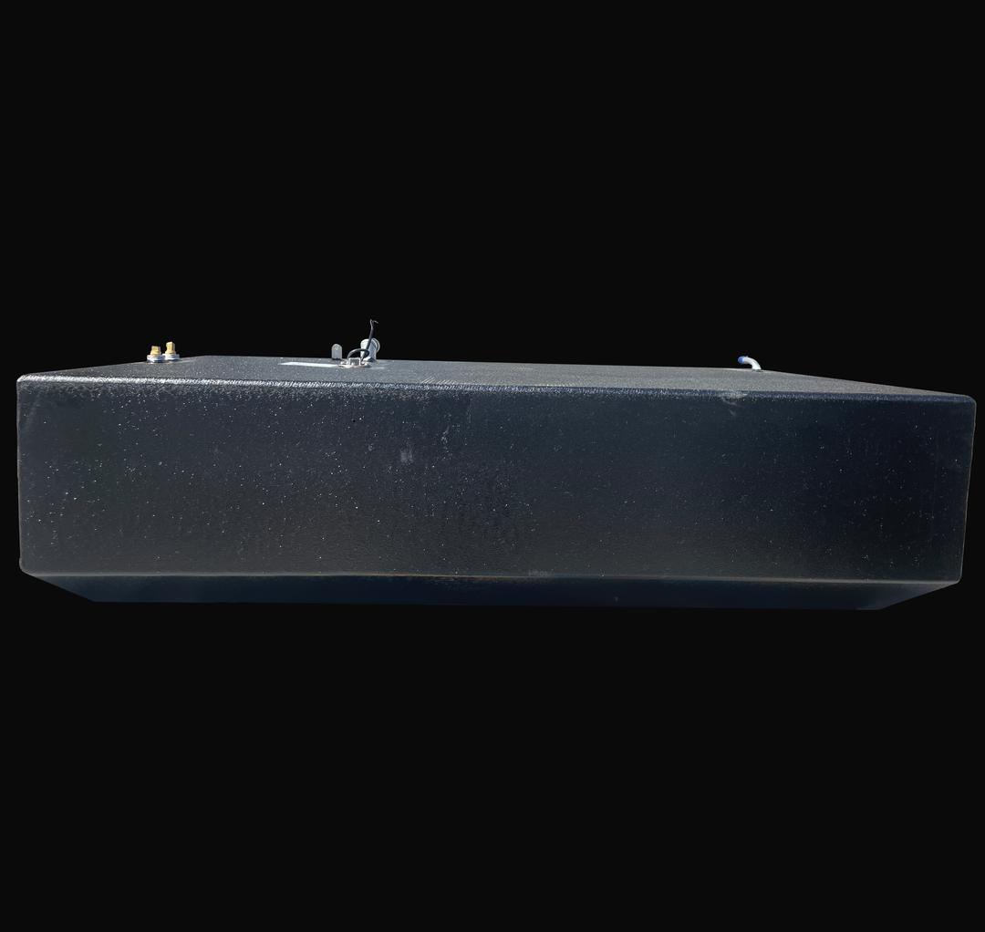 Longitudinal side-profile view of a 148-gallon primary fuel tank for an Intrepid Stoner 27, showcasing the textured coal-tar epoxy finish and the low-profile V-hull bottom design for an OEM-spec fit.
