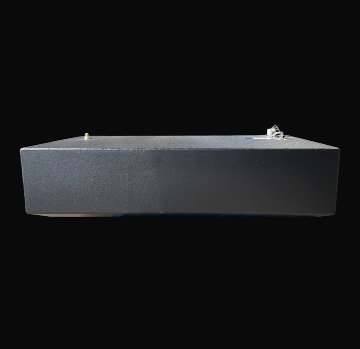 An eye-level studio side profile view displaying the full length of a physical, finished black encapsulated Edgewater 24 OEM replacement marine fuel tank (110 gal) from file image_9c6cfc.jpg, isolated against a black background. Precision-fabricated from heavy-gauge marine-grade 5052-H32 aluminum, the low-profile V-bottom body is fully encapsulated in a protective, textured black TarGard epoxy coating to resist severe saltwater pitting and bilge moisture decay. Top deck hardware features a left-mounted high