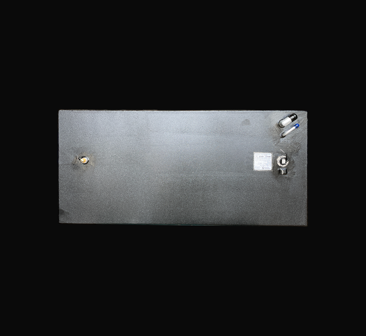 A studio top-down plan view displaying the clean deck layout of a physical, finished black encapsulated Edgewater 24 OEM replacement marine fuel tank (110 gal) from file image_f70f21.jpg, isolated against a black background. Precision-fabricated from heavy-gauge marine-grade 5052-H32 aluminum, the rectangular top deck is fully encapsulated in a protective, textured black TarGard epoxy coating to resist severe saltwater pitting and bilge moisture decay. Deck hardware arrangement features a left-side brass 90