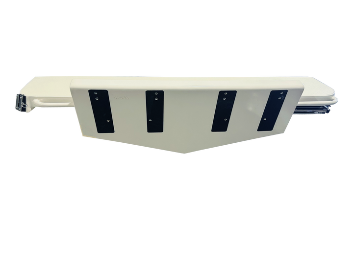 A white high flotation twin engine bracket for a Mako 261 1990 boat, shown against a transparent background. The bracket features multiple black mounting plates and support sections, designed to hold two engines securely