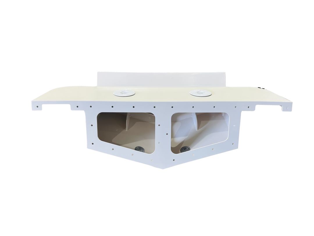 A white high flotation twin engine bracket for a Mako 261 1990 boat, shown against a transparent background. The bracket has a rectangular shape with cutouts and support structures designed to hold two engines securely