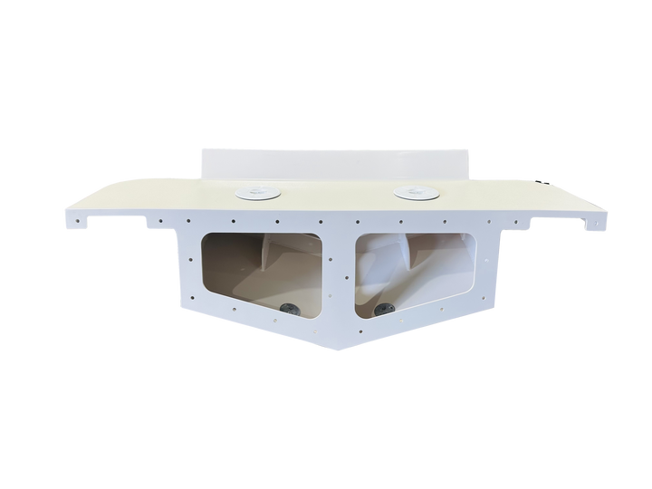 A white high flotation twin engine bracket for a Mako 261 1990 boat, shown against a transparent background. The bracket has a rectangular shape with cutouts and support structures designed to hold two engines securely