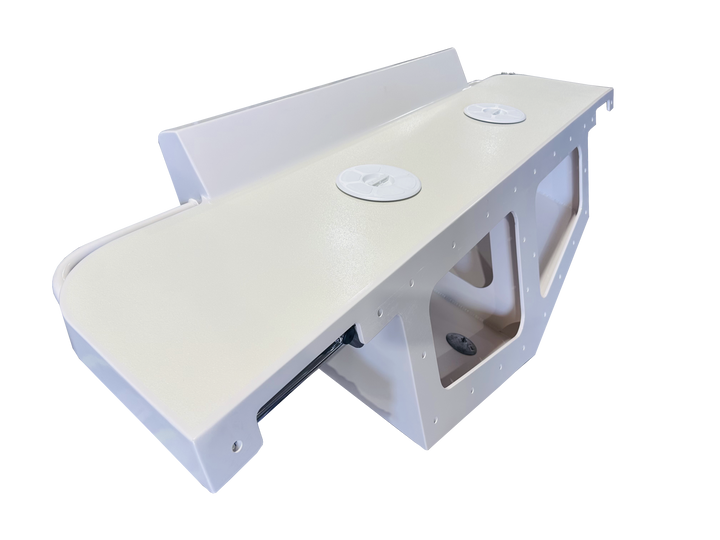 A technical illustration of a Mako 261 1990 high flotation twin engine bracket, showing dimensions: 86 inches wide, 30 inches tall, and 52 inches deep. The drawing includes annotations indicating that all measurements are customizable upon request, with a note at the bottom left. The background is black, and the illustration is in white with measurement lines