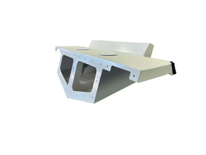 A white high flotation twin engine bracket designed for a Mako 261 1990 boat, shown against a transparent background. The bracket has a rectangular shape with multiple cutouts and support sections for mounting engines