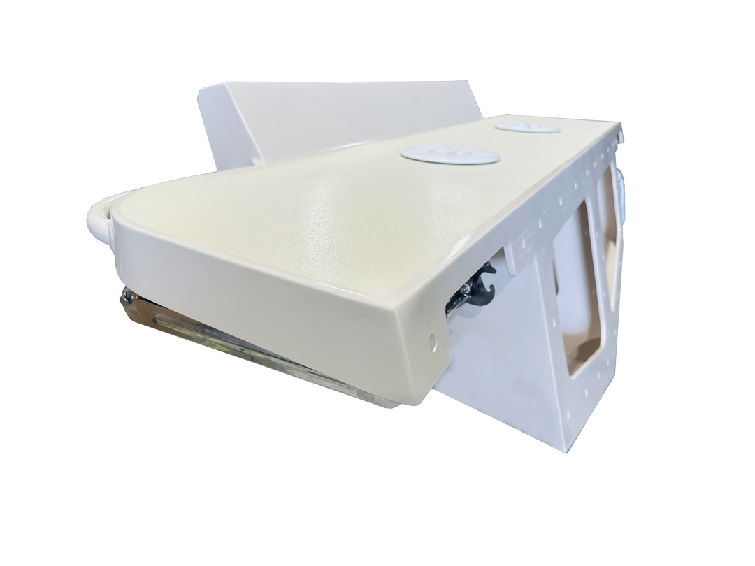 A white high flotation twin engine bracket for a Mako 261 1990 boat, shown against a transparent background. The bracket has a rectangular shape with support arms and mounting points for dual engines