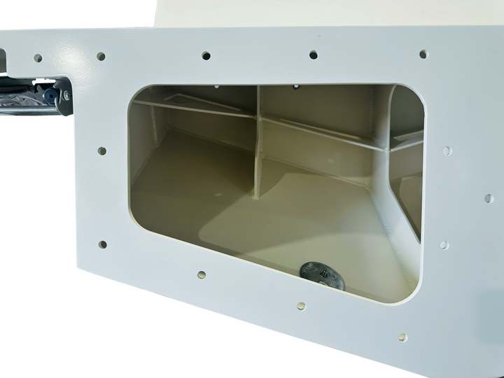 A white high flotation twin engine bracket designed for a Mako 261 1990 boat, shown from an angle that reveals interior support shelves. The bracket features multiple mounting holes along the perimeter and is set against a transparent background