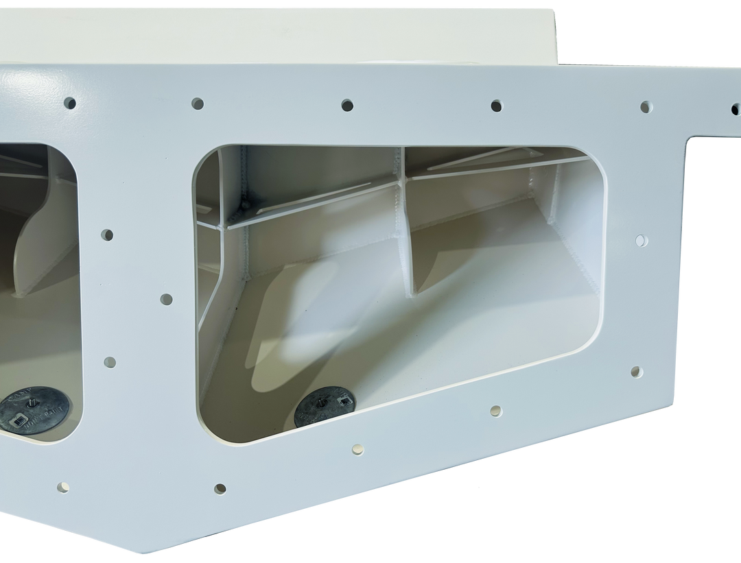 A close-up image of a white high flotation twin engine bracket designed for a Mako 261 1990 boat, showing the structural support and mounting holes, set against a transparent background