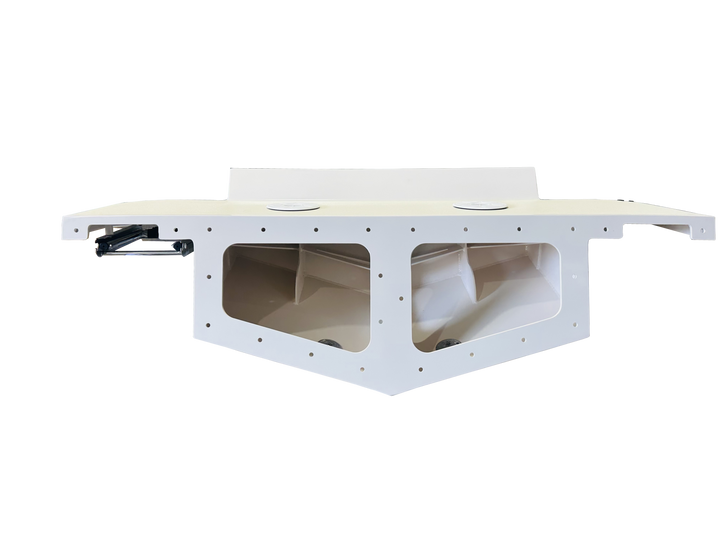 A white high flotation twin engine bracket designed for a Mako 261 1990 boat, shown against a transparent background. The bracket features two large openings, support arms, and mounting points for dual engines