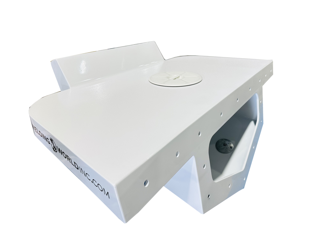 A custom-built high flotation single outboard engine bracket, featuring a sleek white design with a circular access plate on top and a cut-out section for mounting. The bracket is designed for enhanced buoyancy and stability in marine applications