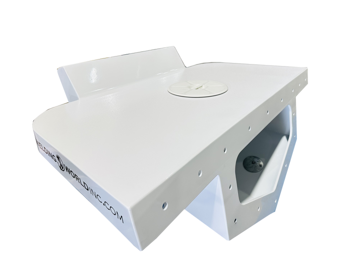 A custom-built high flotation single outboard engine bracket, featuring a sleek white design with a circular access plate on top and a cut-out section for mounting. The bracket is designed for enhanced buoyancy and stability in marine applications