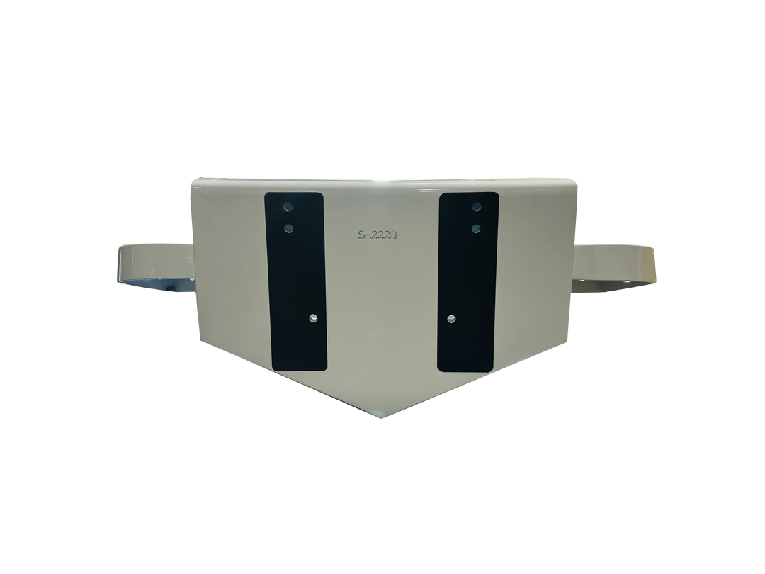 A custom-built high flotation single outboard engine bracket, featuring a triangular design with two black mounting plates on the front and a smooth, light-colored surface. The bracket is displayed against a transparent background