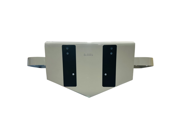 A custom-built high flotation single outboard engine bracket, featuring a triangular design with two black mounting plates on the front and a smooth, light-colored surface. The bracket is displayed against a transparent background