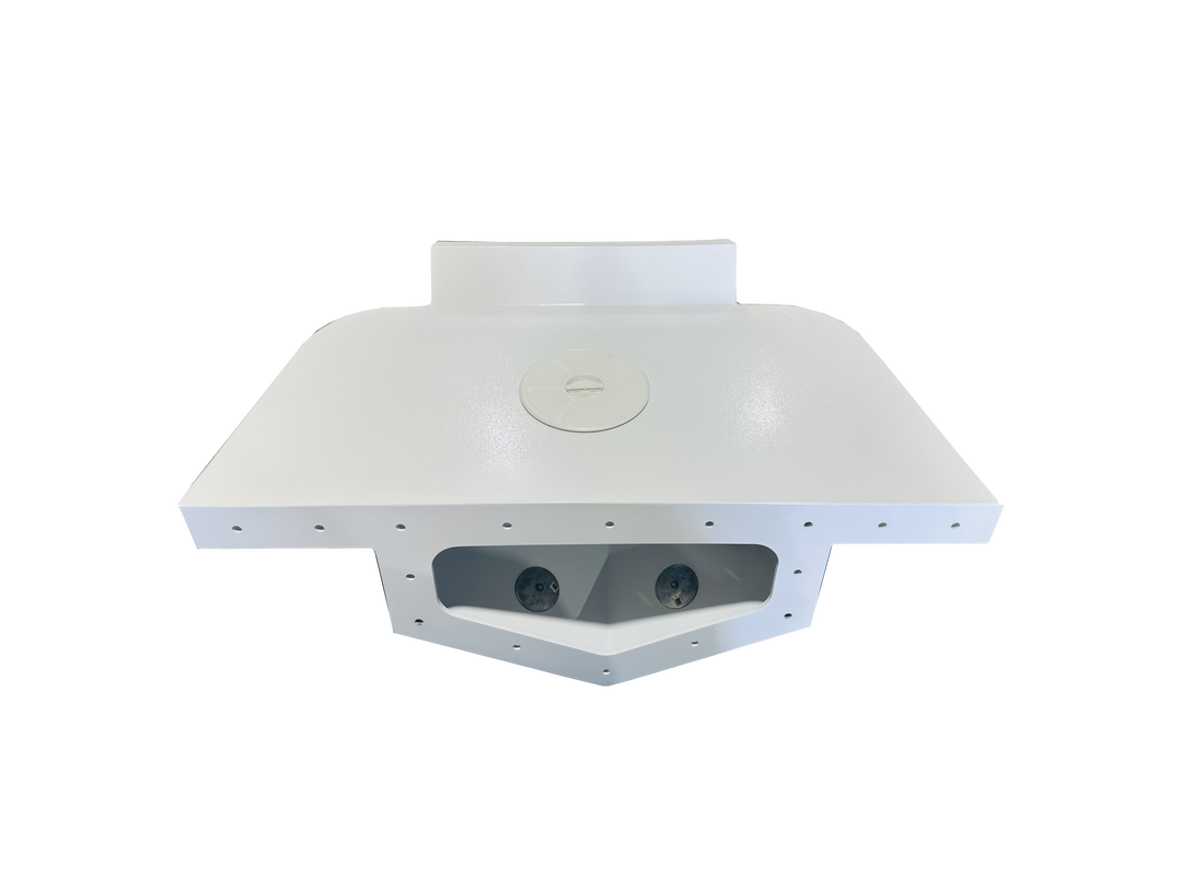 A custom-built high flotation single outboard engine bracket, featuring a smooth white finish and a central circular opening, designed for enhanced stability and support. The bracket has a unique shape with two recessed areas at the bottom, likely for mounting purposes, and is displayed against a transparent background