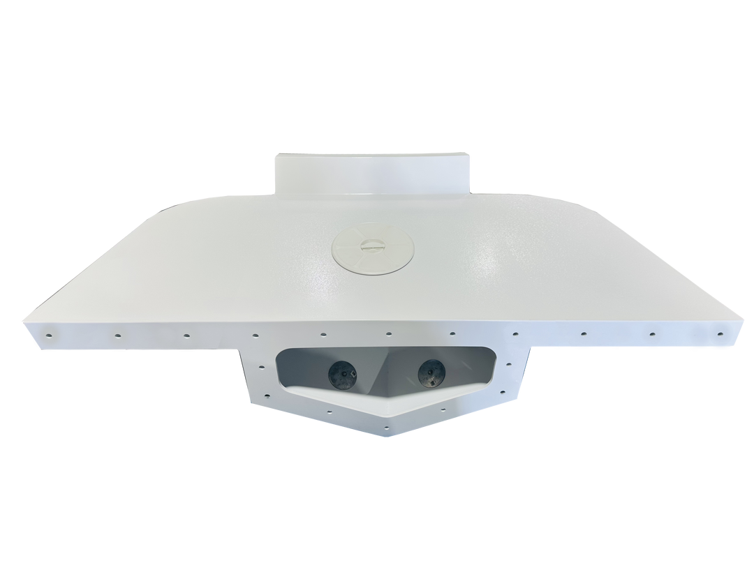 Top view of a white high flotation single engine bracket designed for a 1976 Blackfin 24 Fisherman boat, featuring two circular openings for engine mounting